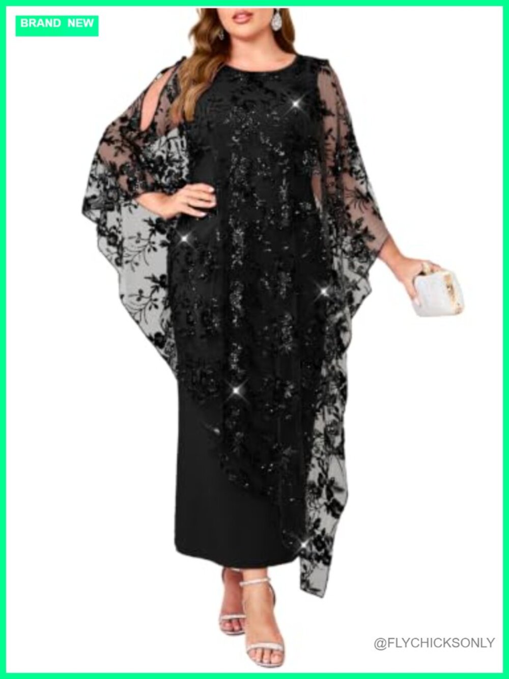 Plus Size Sequin Embroidered Mesh Cape Overlay Maxi Formal Evening Gown